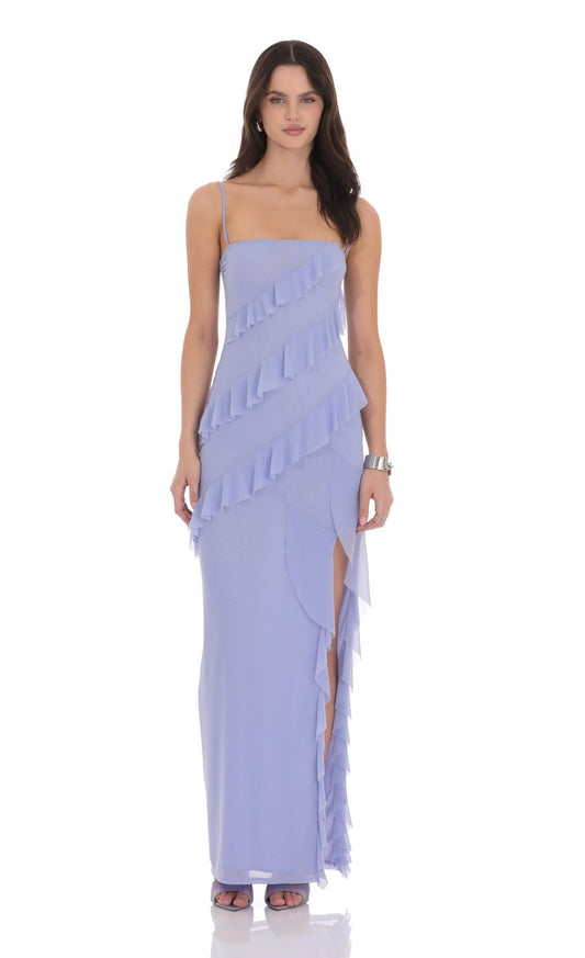 Lavender Spaghetti Strap Prom Dress With Diagonal Ruffle Skirt Formal Prom Dress