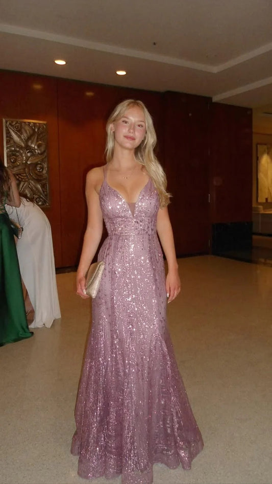 Lavender Spaghetti Strap Prom Dress With Sequin Embroidery And Lace-Up Back Formal Prom Dress