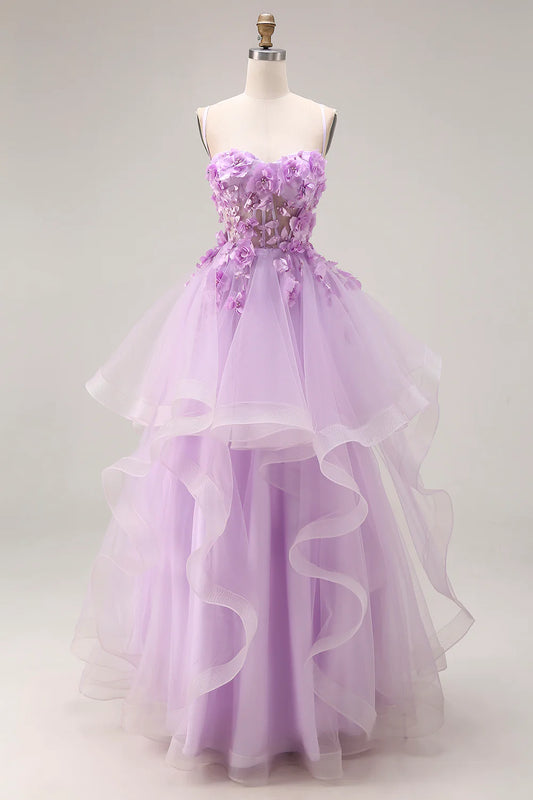 Lavender Spaghetti Strap Prom Dress with 3D Floral Applique, Sheer Corset Bodice and Tiered Ruffle Tulle Skirt