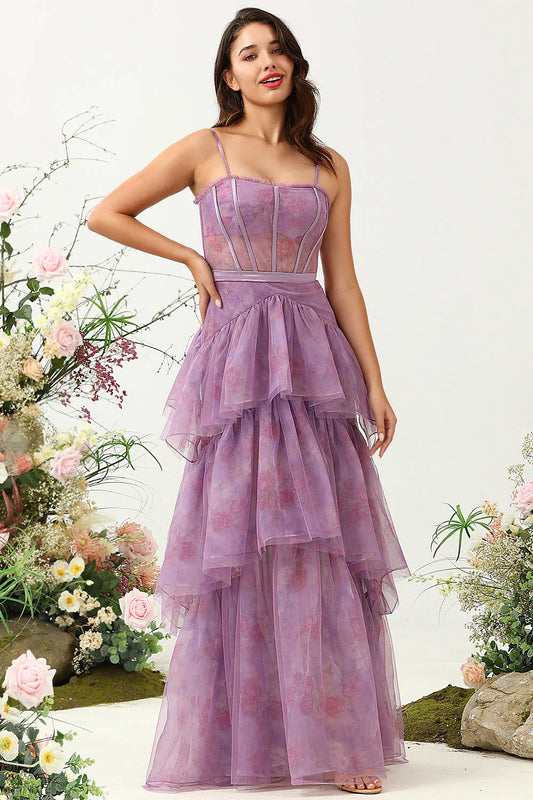 Lavender Spaghetti Strap Sheer Corset Tiered Ruffle Maxi Prom Dress with Floral Print
