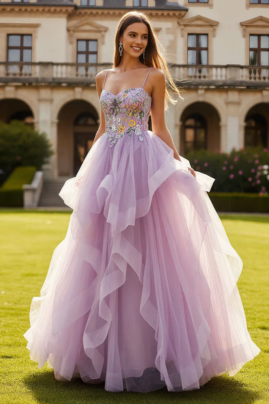 Lavender Spaghetti Strap Sweetheart Prom Dress with Colorful Floral Embroidery, Beaded Bodice and Cascading Ruffle Tulle Skirt
