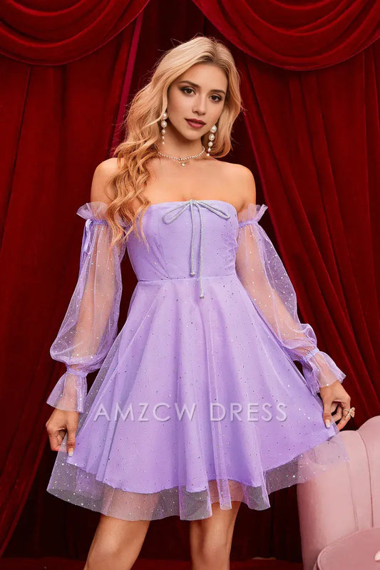 Amzcw Elegant Lavender Strapless Illusion Bell Sleeves Beaded Homecoming Dress formal wear dresses