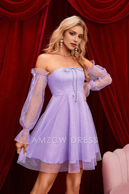Amzcw Elegant Lavender Strapless Illusion Bell Sleeves Beaded Homecoming Dress formal wear dresses