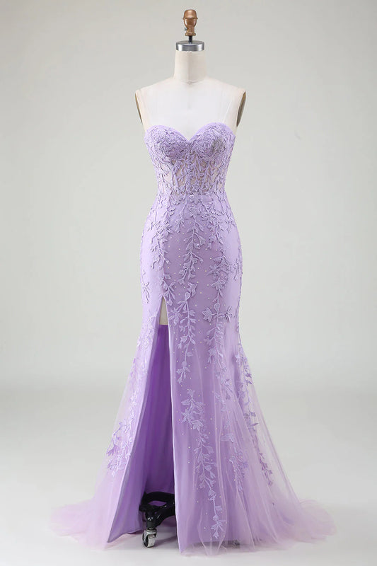 Lavender Strapless Lace Applique Corset Mermaid Maxi Prom Dress with Slit and Lace-Up Back