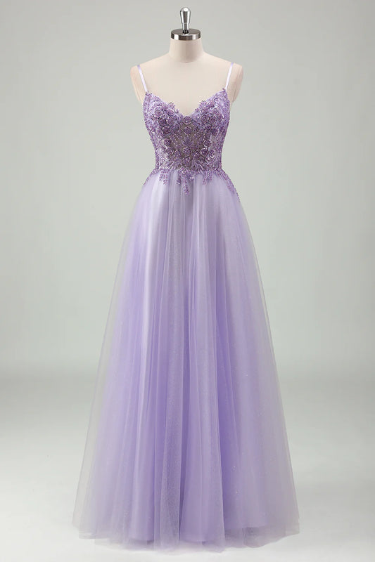 Lavender Tulle Spaghetti Strap Lace Applique Lace-Up Back A-Line Prom Dress
