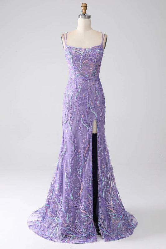 Lavender Tulle Spaghetti Strap Sequin Lace-Up Back Mermaid Prom Dress with Slit