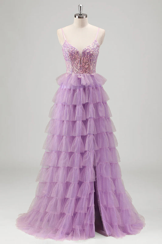 Lavender Tulle Spaghetti Strap Sequin Lace Tiered A-Line Prom Dress with Slit