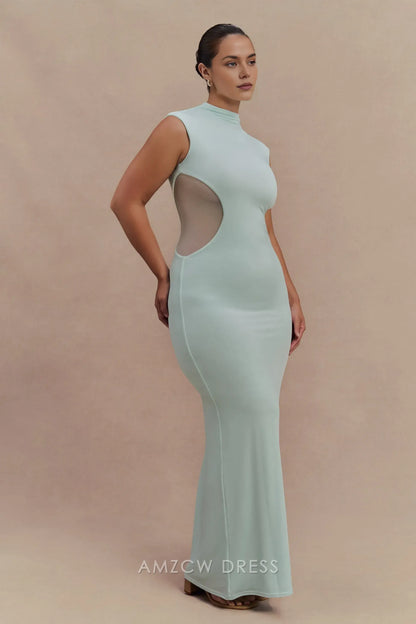 Elegant plus size Light Blue High Neck Sleeveless Sheer Panel Maxi Dress prom dress