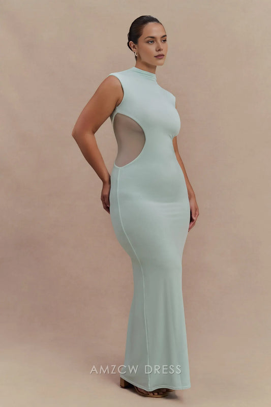 Elegant plus size Light Blue High Neck Sleeveless Sheer Panel Maxi Dress prom dress