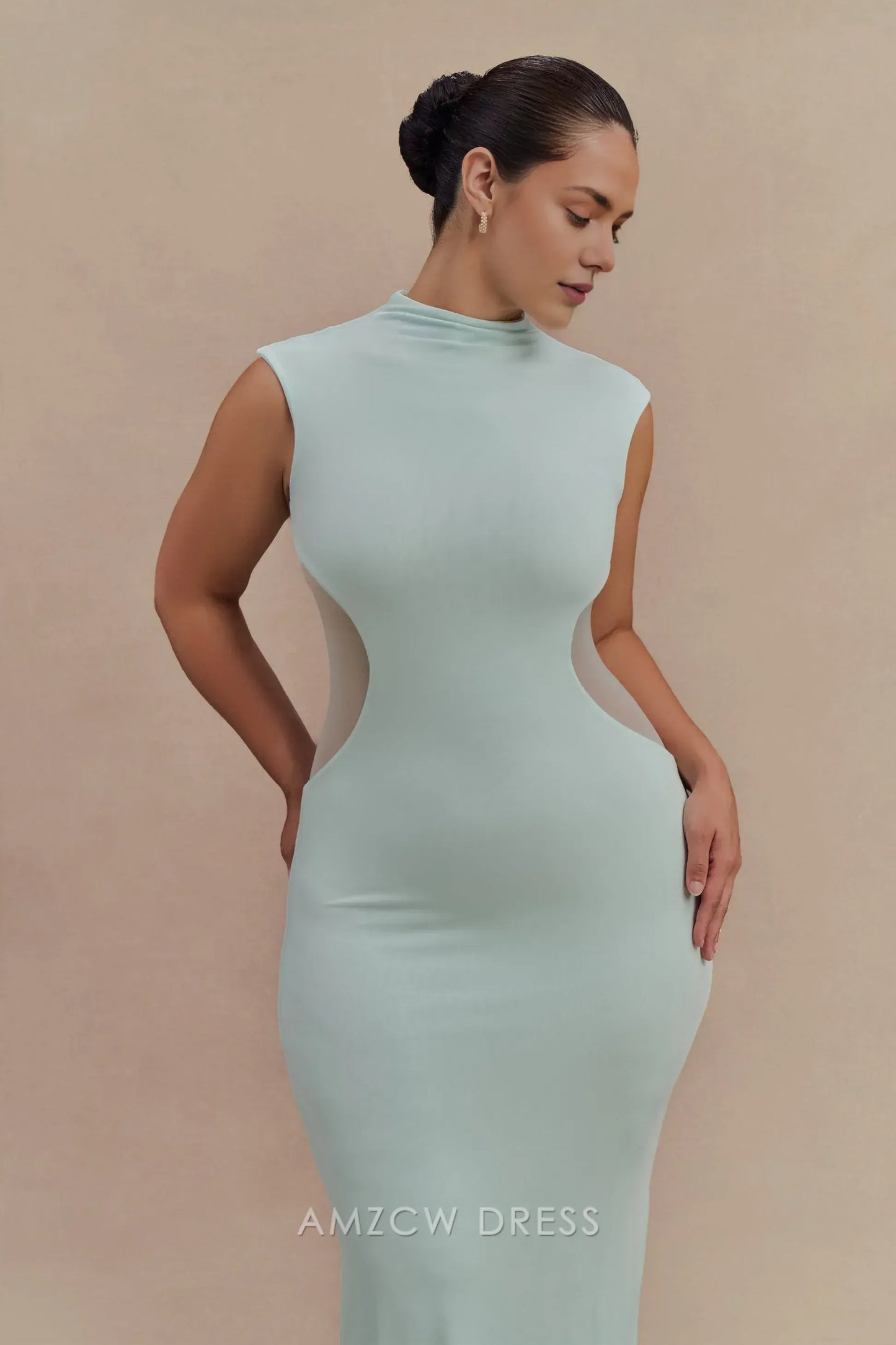 Elegant plus size Light Blue High Neck Sleeveless Sheer Panel Maxi Dress prom dress