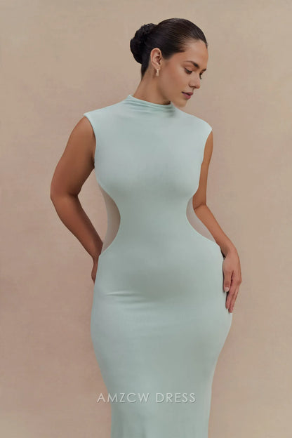 Elegant plus size Light Blue High Neck Sleeveless Sheer Panel Maxi Dress prom dress