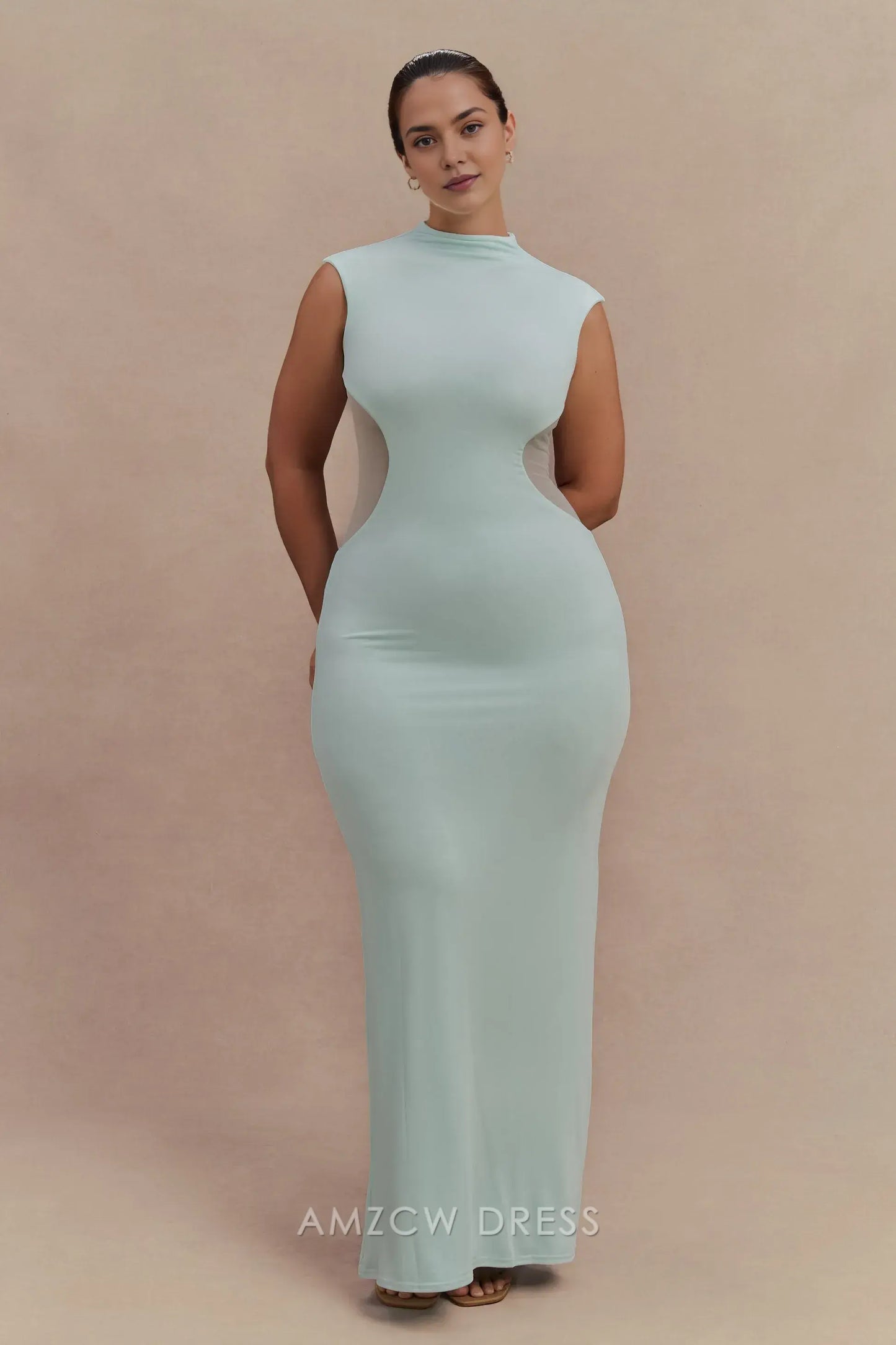 Elegant plus size Light Blue High Neck Sleeveless Sheer Panel Maxi Dress prom dress