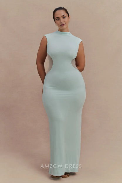 Elegant plus size Light Blue High Neck Sleeveless Sheer Panel Maxi Dress prom dress