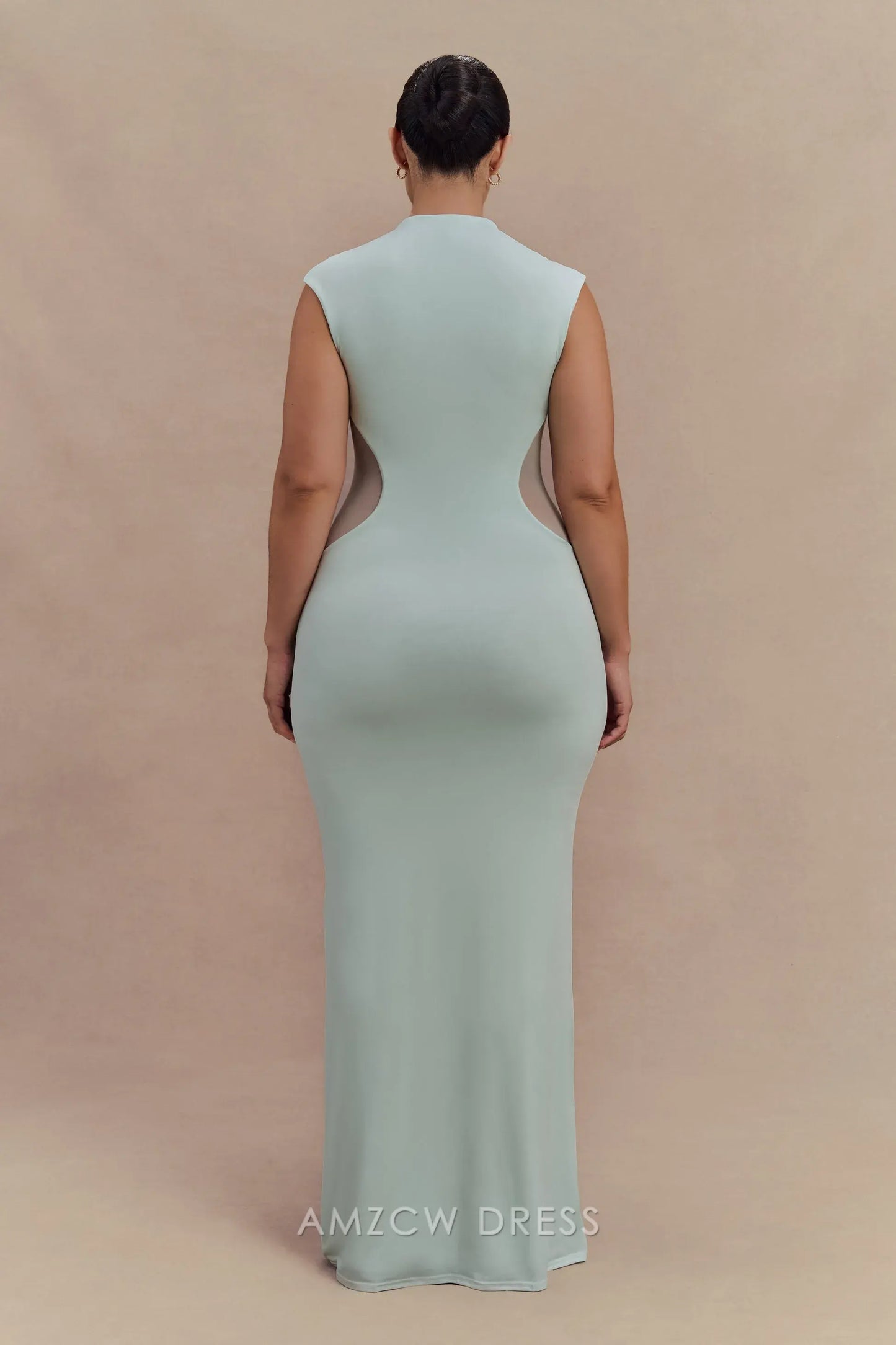 Elegant plus size Light Blue High Neck Sleeveless Sheer Panel Maxi Dress prom dress