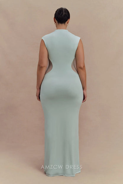 Elegant plus size Light Blue High Neck Sleeveless Sheer Panel Maxi Dress prom dress