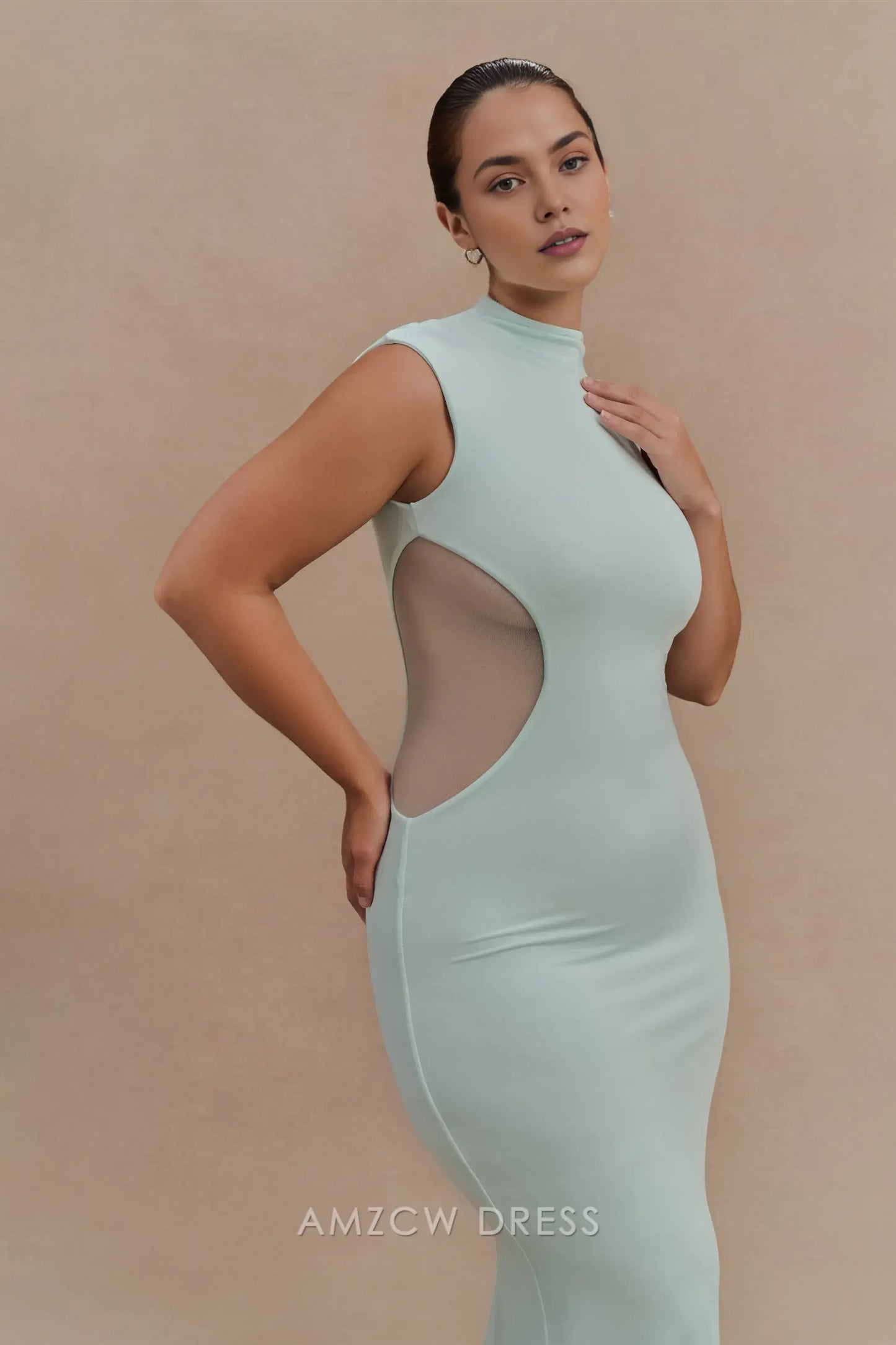 Elegant plus size Light Blue High Neck Sleeveless Sheer Panel Maxi Dress prom dress