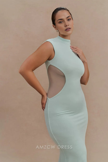 Elegant plus size Light Blue High Neck Sleeveless Sheer Panel Maxi Dress prom dress