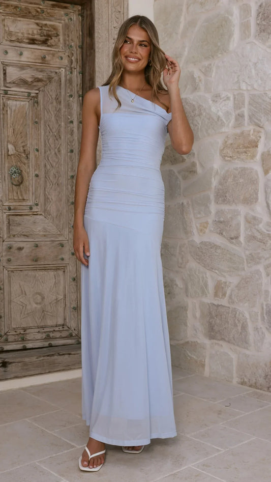 Light Blue Asymmetrical Neck Ruched Mesh Prom Dress for Formal Events and Prom Nights