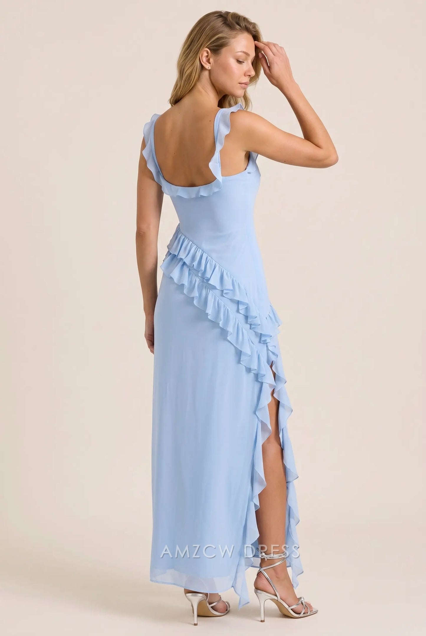Light Blue Chiffon Fitted Square Neck Ruffle Strap Open Back High Slit Ruffled Floor Length Formal Evening Prom Dress