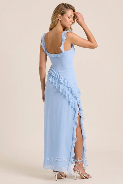 Light Blue Chiffon Fitted Square Neck Ruffle Strap Open Back High Slit Ruffled Floor Length Formal Evening Prom Dress