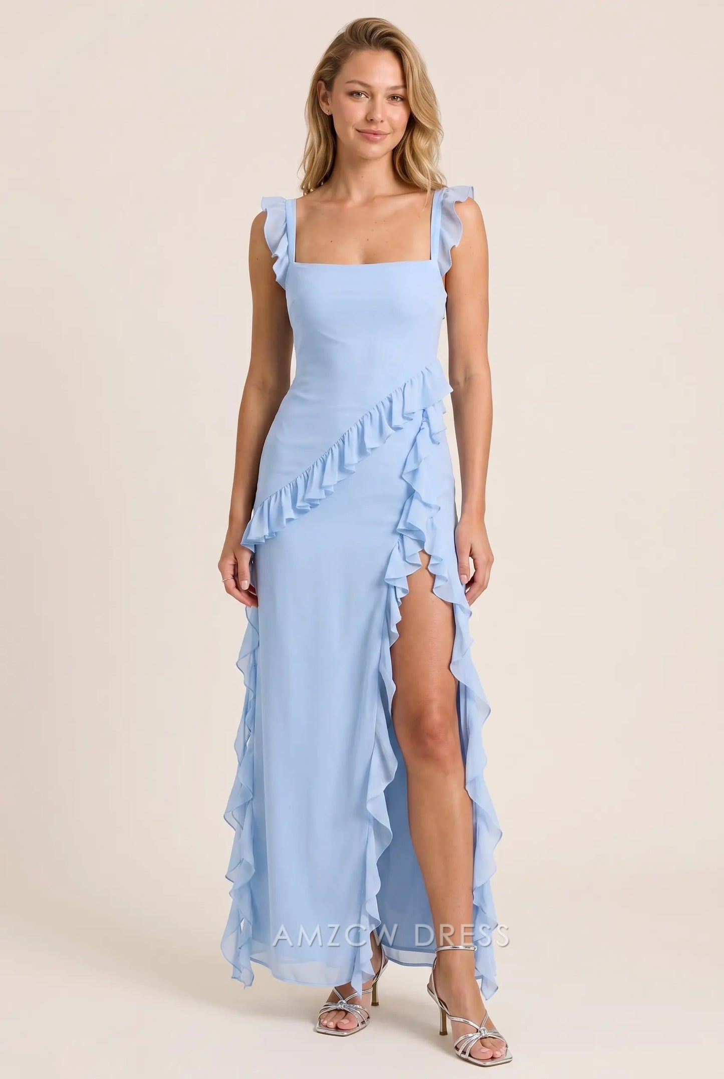 Light Blue Chiffon Fitted Square Neck Ruffle Strap Open Back High Slit Ruffled Floor Length Formal Evening Prom Dress