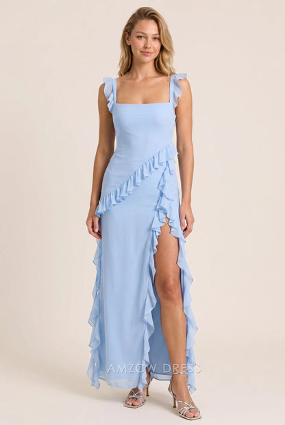 Light Blue Chiffon Fitted Square Neck Ruffle Strap Open Back High Slit Ruffled Floor Length Formal Evening Prom Dress