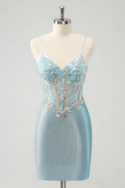 Light Blue Corset Homecoming Dress with Spaghetti Straps, Beaded Lace Bodice and Glitter Mini Skirt