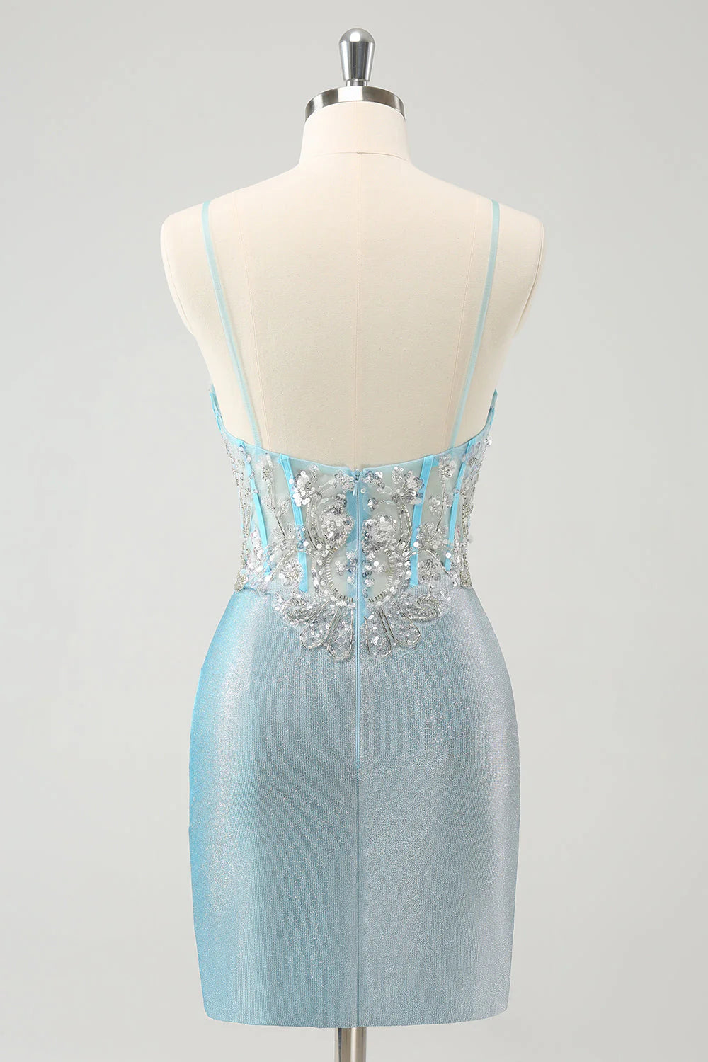 Light Blue Corset Homecoming Dress with Spaghetti Straps, Beaded Lace Bodice and Glitter Mini Skirt
