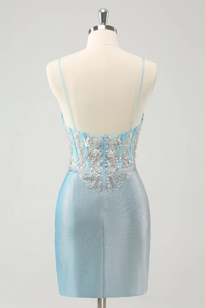 Light Blue Corset Homecoming Dress with Spaghetti Straps, Beaded Lace Bodice and Glitter Mini Skirt