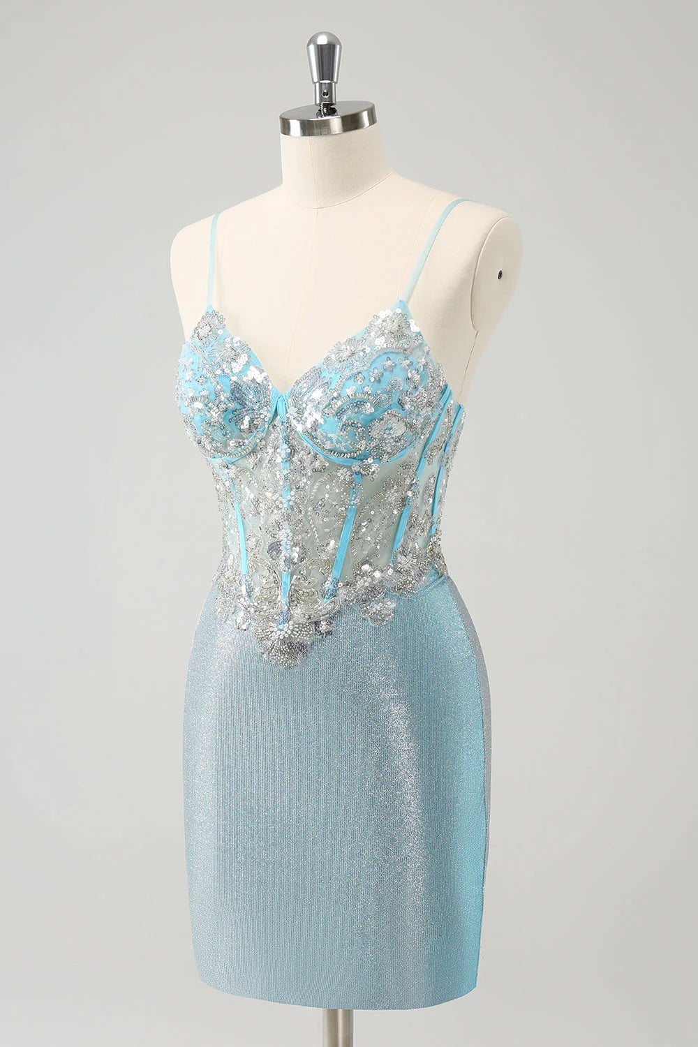 Light Blue Corset Homecoming Dress with Spaghetti Straps, Beaded Lace Bodice and Glitter Mini Skirt