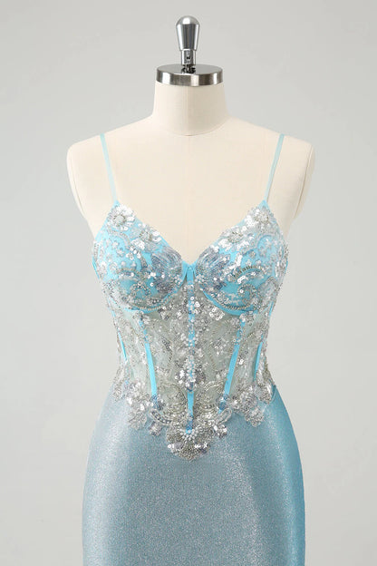 Light Blue Corset Homecoming Dress with Spaghetti Straps, Beaded Lace Bodice and Glitter Mini Skirt
