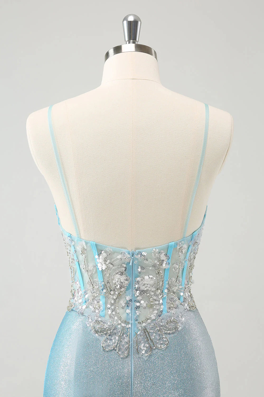 Light Blue Corset Homecoming Dress with Spaghetti Straps, Beaded Lace Bodice and Glitter Mini Skirt