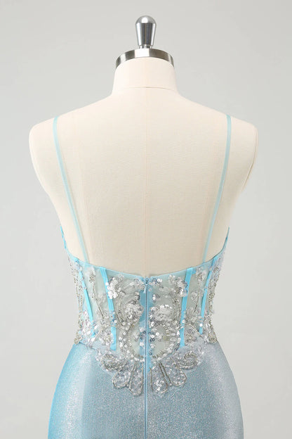 Light Blue Corset Homecoming Dress with Spaghetti Straps, Beaded Lace Bodice and Glitter Mini Skirt