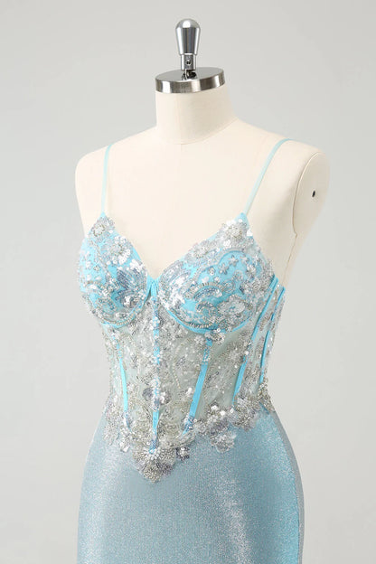 Light Blue Corset Homecoming Dress with Spaghetti Straps, Beaded Lace Bodice and Glitter Mini Skirt