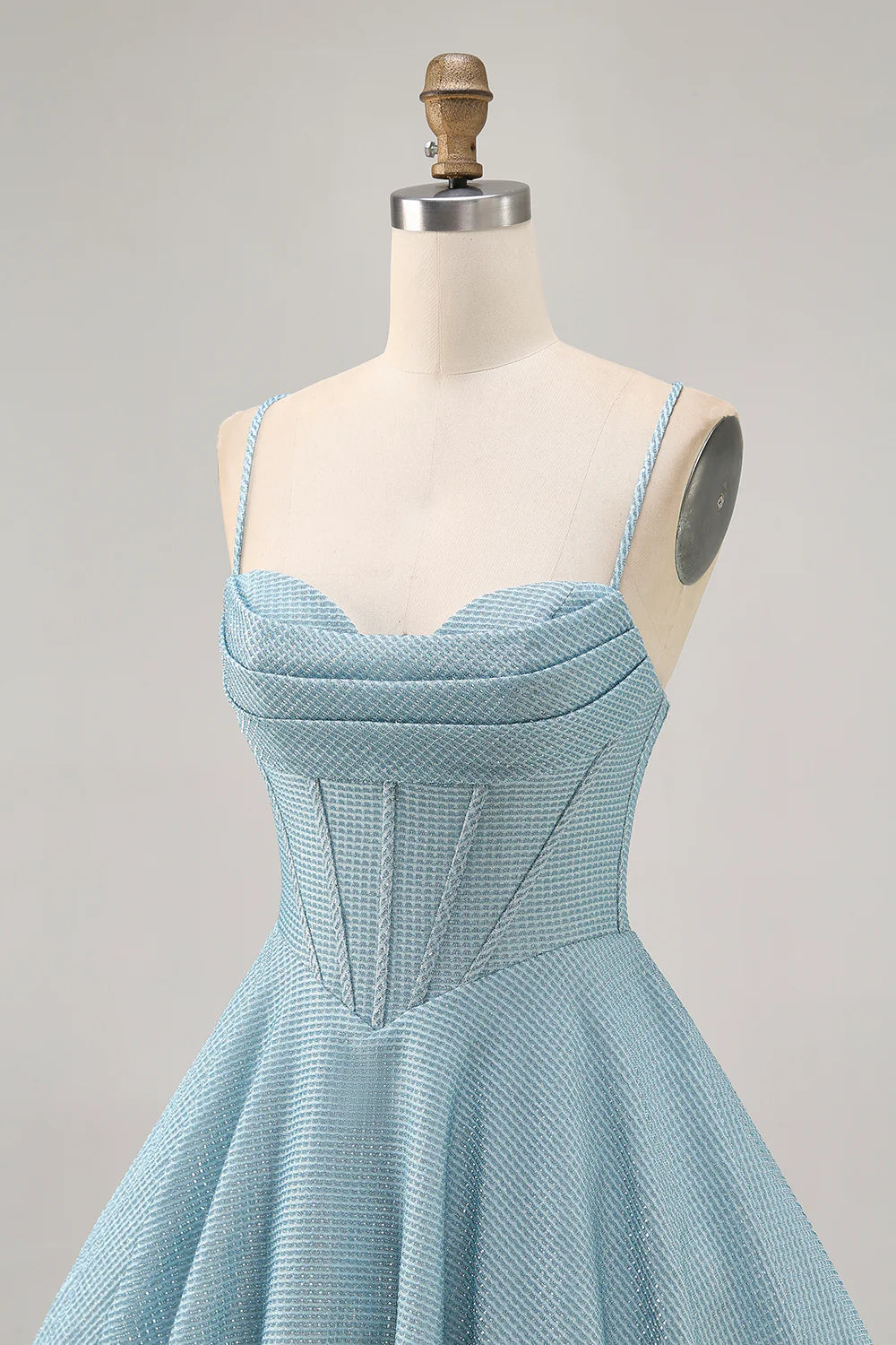Light Blue Corset Homecoming Dress with Spaghetti Straps, Cowl Neck and Lace-Up Back