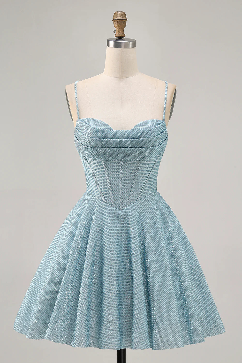 Light Blue Corset Homecoming Dress with Spaghetti Straps, Cowl Neck and Lace-Up Back
