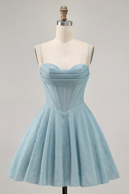 Light Blue Corset Homecoming Dress with Spaghetti Straps, Cowl Neck and Lace-Up Back