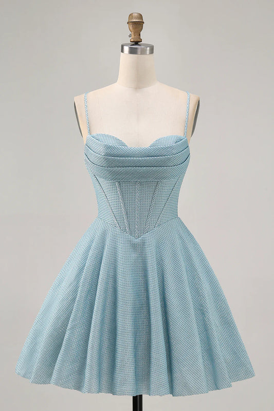 Light Blue Corset Homecoming Dress with Spaghetti Straps, Cowl Neck and Lace-Up Back