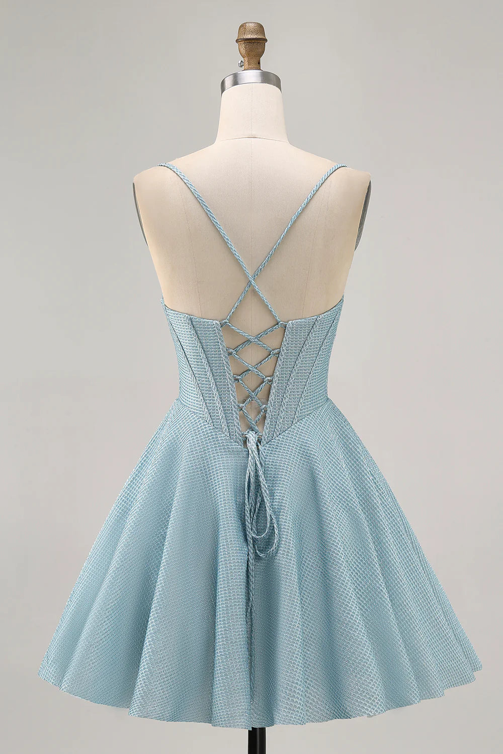 Light Blue Corset Homecoming Dress with Spaghetti Straps, Cowl Neck and Lace-Up Back