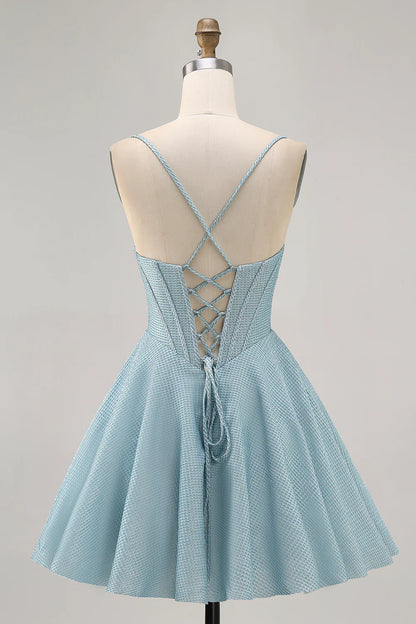 Light Blue Corset Homecoming Dress with Spaghetti Straps, Cowl Neck and Lace-Up Back