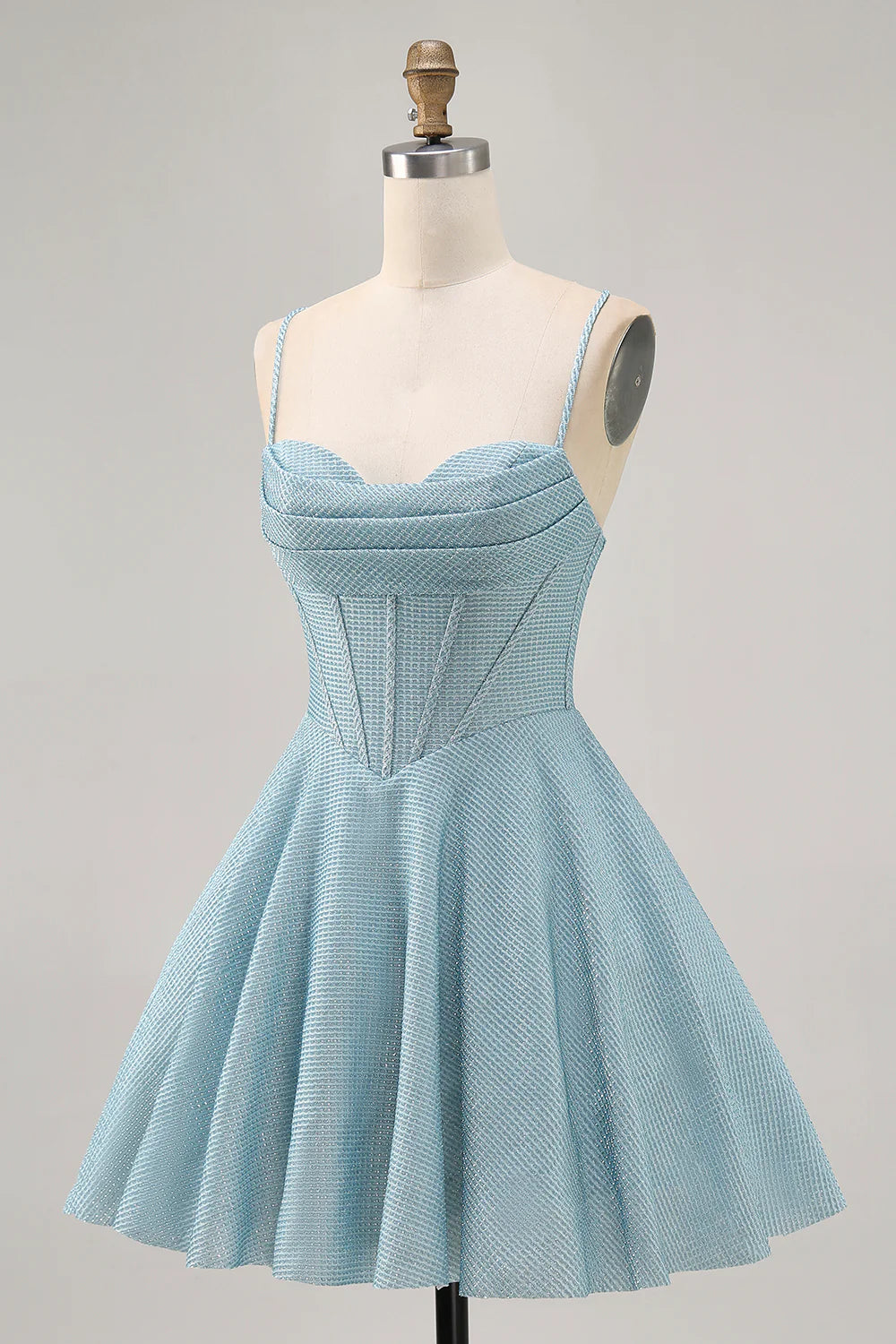 Light Blue Corset Homecoming Dress with Spaghetti Straps, Cowl Neck and Lace-Up Back