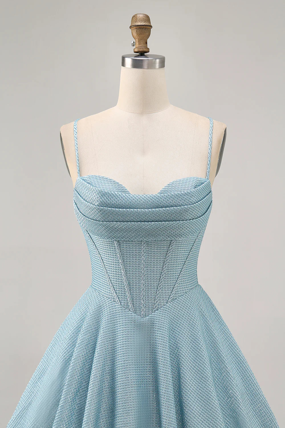 Light Blue Corset Homecoming Dress with Spaghetti Straps, Cowl Neck and Lace-Up Back