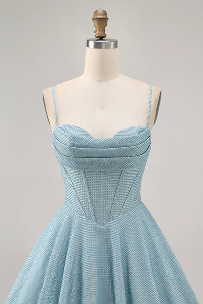 Light Blue Corset Homecoming Dress with Spaghetti Straps, Cowl Neck and Lace-Up Back