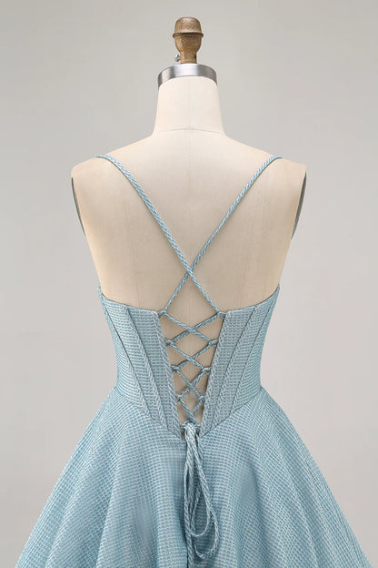 Light Blue Corset Homecoming Dress with Spaghetti Straps, Cowl Neck and Lace-Up Back