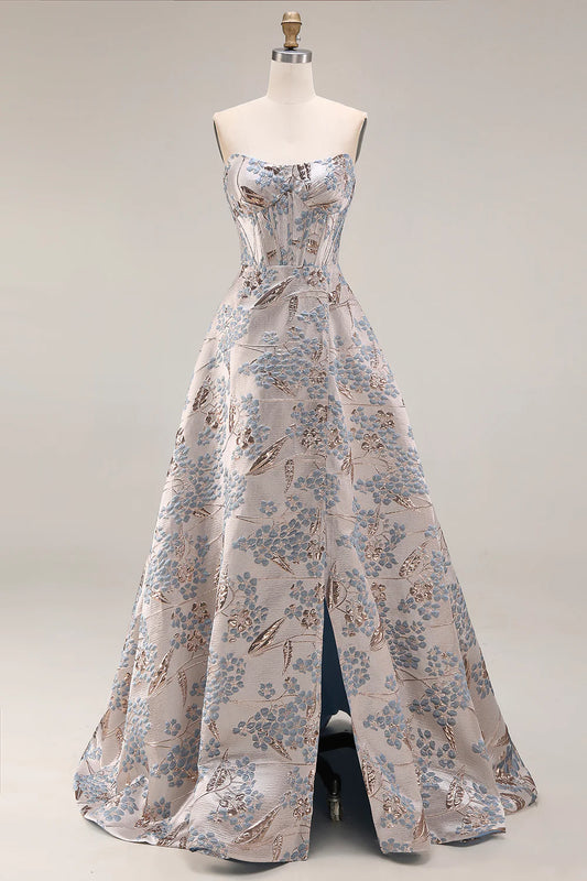 Light Blue Floral Jacquard Strapless Corset A-Line Prom Dress with High Slit and Train