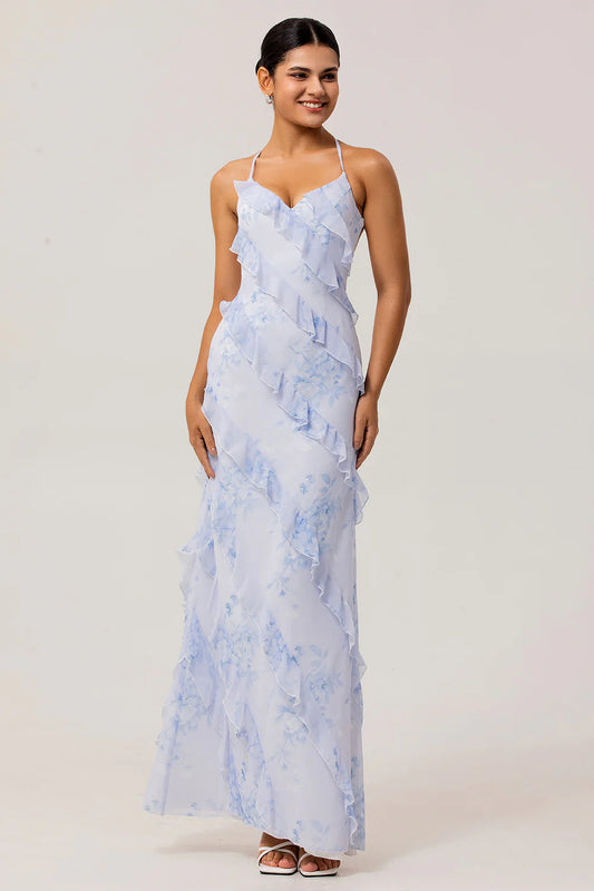 Light Blue Floral Print Chiffon Prom Dress with Spaghetti Straps, Sweetheart Neck, Diagonal Ruffles and Lace-Up Back