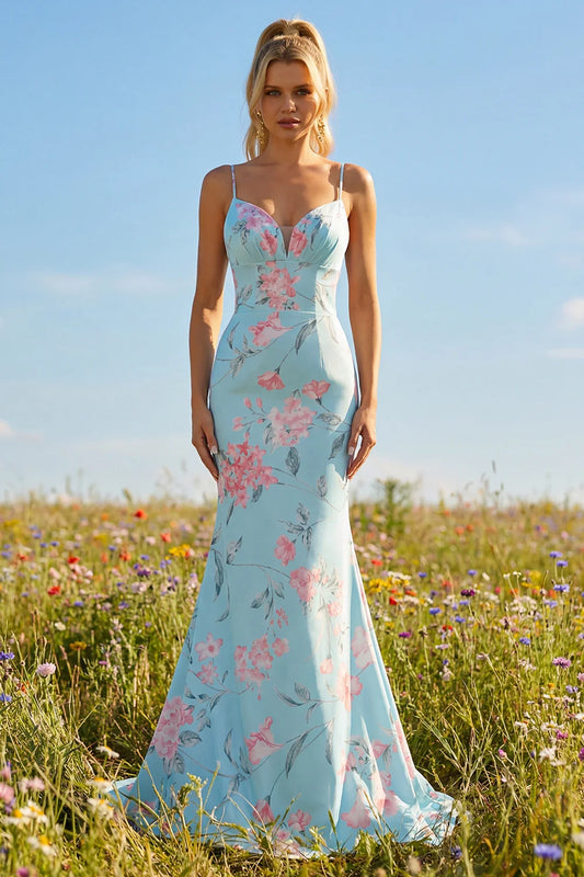 Light Blue Floral Print Spaghetti Strap Mermaid Prom Dress with Ruffles