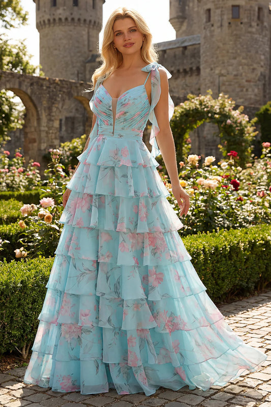 Light Blue Floral Print Spaghetti Strap Tiered Ruffle Prom Dress with Bow Details