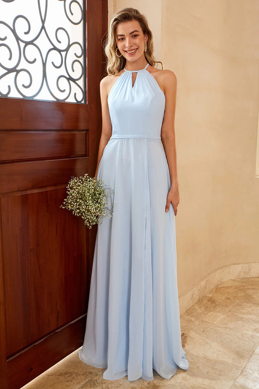 Light Blue Halter Neck Chiffon Bridesmaid Dress with Keyhole Front, Tie-Back and High Slit