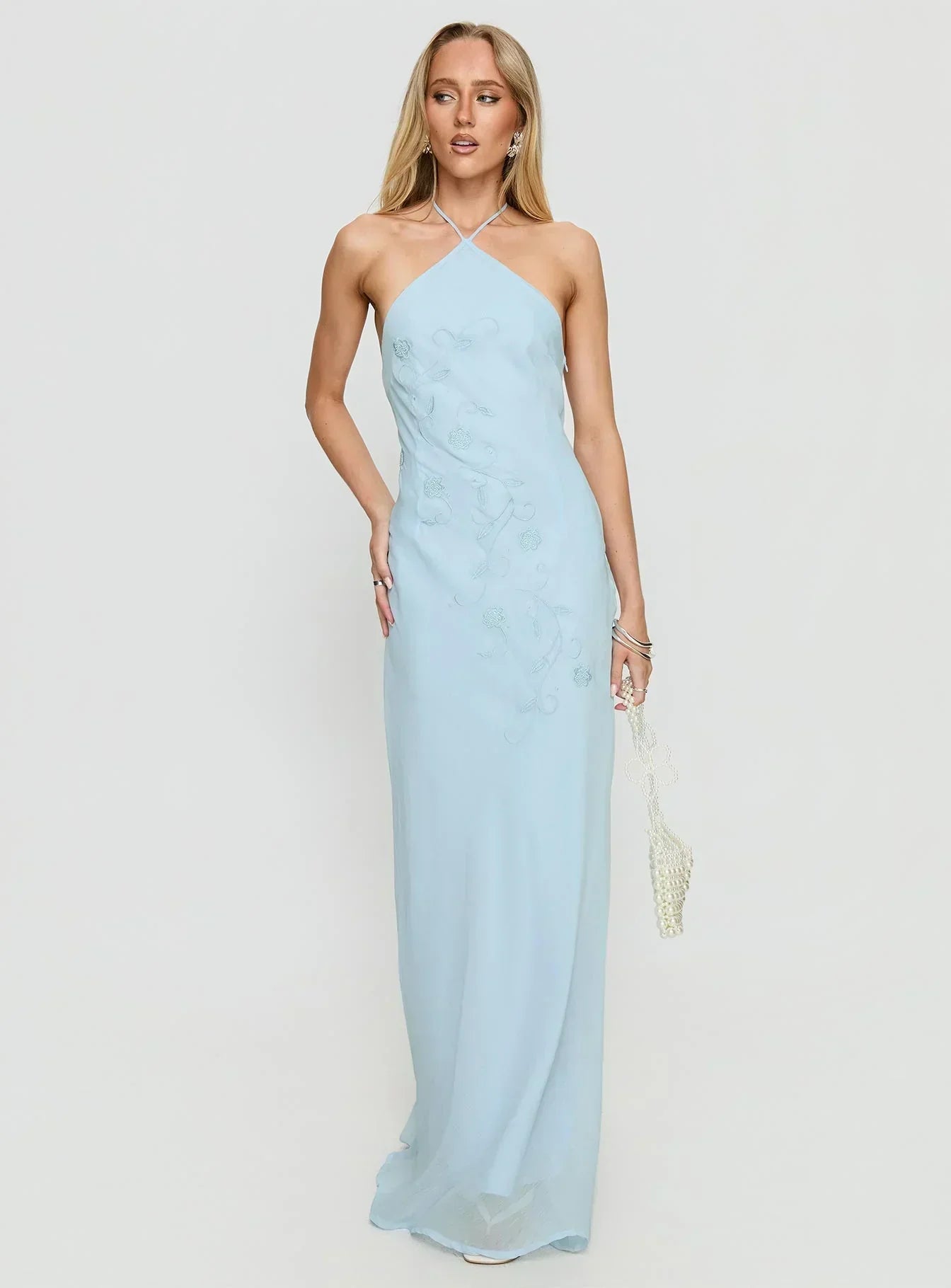 Light Blue Halter Neck Floral Embroidered Chiffon Maxi Formal Evening Prom Dress